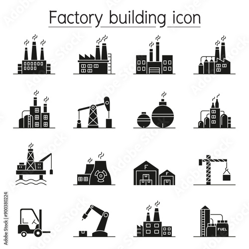 Factory building icon set in glyph style