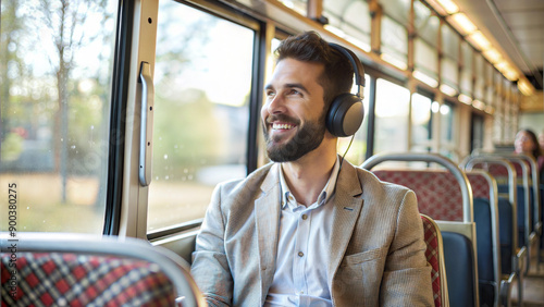 Handsome man listening to music with headphones while traveling by bus