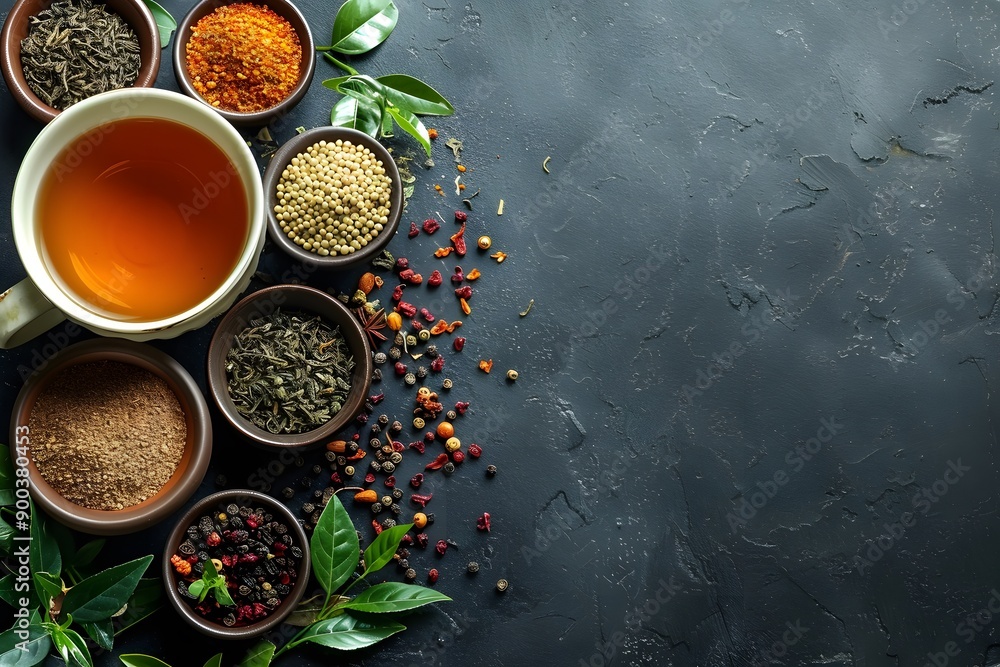 Assorted Spices and Herbs with Tea on Dark Background - Culinary and Health Concept, Ideal for Cooking Blogs and Food Magazines Assorted Spices and Herbs with Tea on Dark Background - Culinary and Health Concept, Ideal for Cooking Blogs and Food Magazines