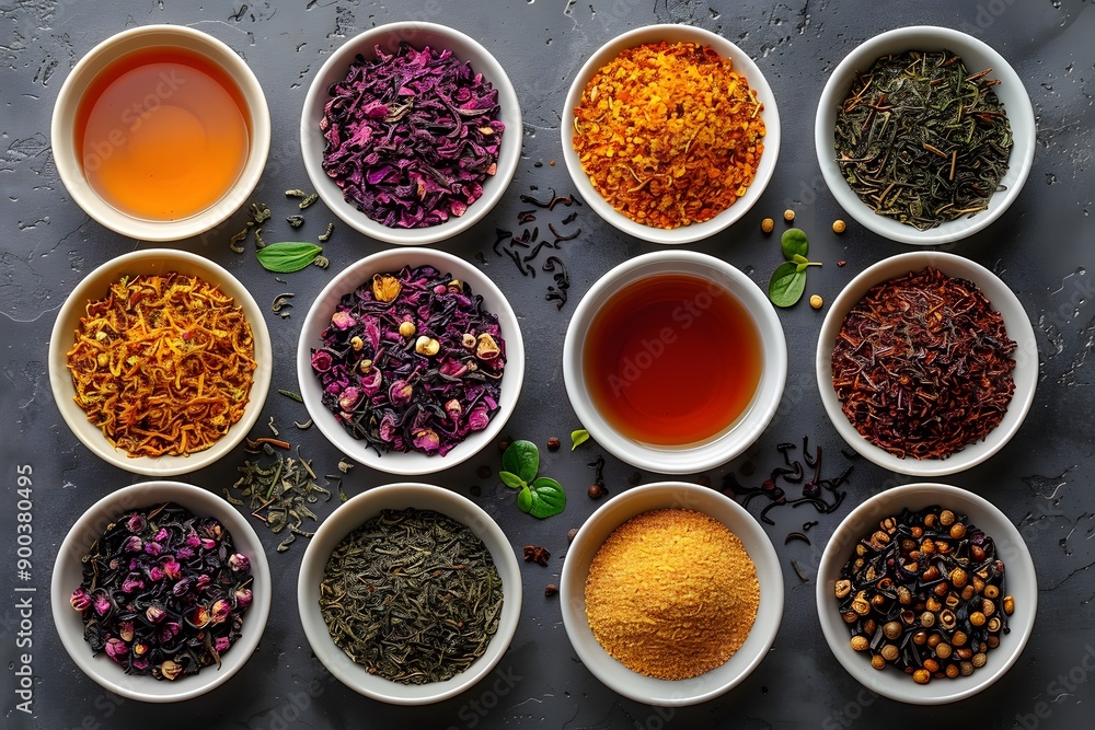 Assorted Herbal Tea Ingredients and Infusions in Bowls - Vibrant Aromatic Selection for Wellness Assorted Herbal Tea Ingredients and Infusions in Bowls - Vibrant Aromatic Selection for Wellness