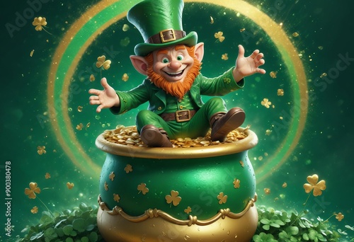 mischievous leprechaun perched atop a glittering pot of gold photo