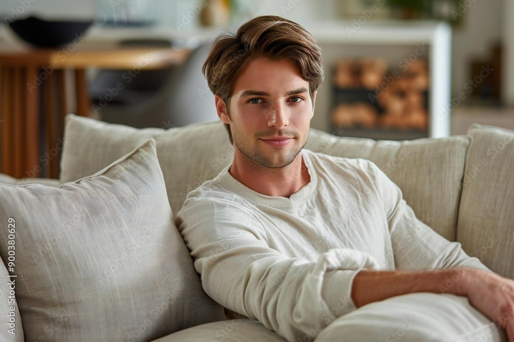 Obraz premium Beautiful young man gracefully moving a sofa in his new home with his partner.