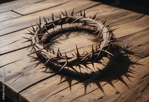 a crown of thorns resting on a weathered wooden surface photo