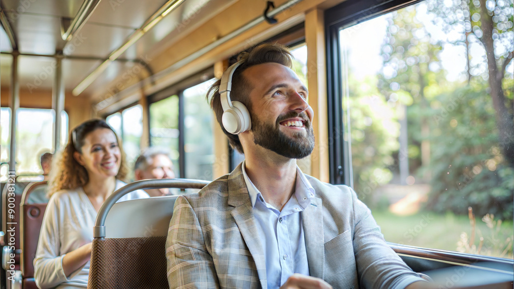 Happy man and woman traveling by train and listening to music with headphones Happy man and woman traveling by train and listening to music with headphones