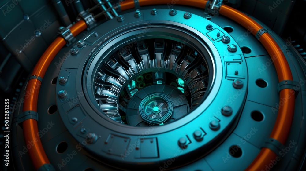 Futuristic machine interior showcasing intricate turbine design and glowing elements for technology and engineering themes. Futuristic machine interior showcasing intricate turbine design and glowing elements for technology and engineering themes.