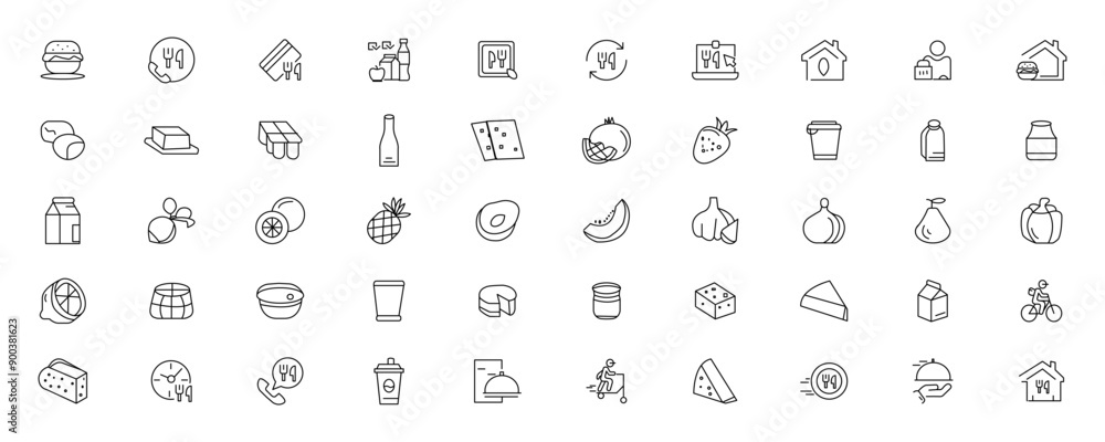 Food and drink icon collection set. Thin outline icons. Meat, milk, noodle, soup, bread, egg, cake, sweets, fruits, vegetables, drinks, nutrition, pizza, fish, sauce, cheese icon Food and drink icon collection set. Thin outline icons. Meat, milk, noodle, soup, bread, egg, cake, sweets, fruits, vegetables, drinks, nutrition, pizza, fish, sauce, cheese icon
