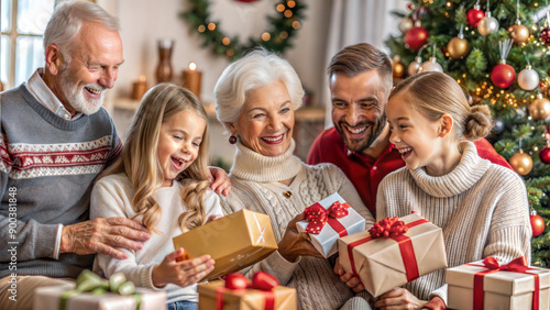 happy family with christmas gift boxes and fireplace in living room at home