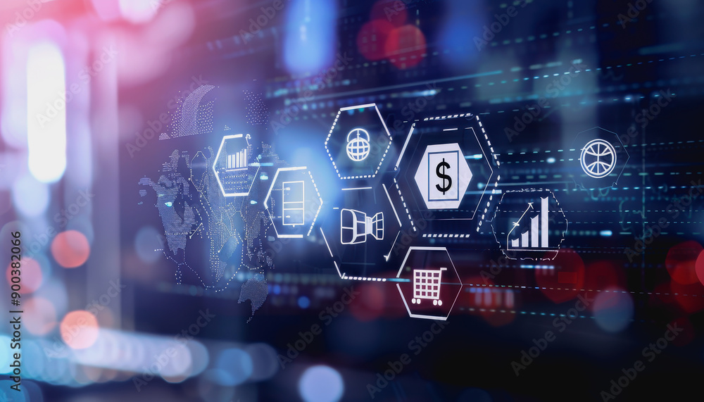 Futuristic fintech interface for inward remittance with hexagonal icons, currency symbols, blue-purple gradient Futuristic fintech interface for inward remittance with hexagonal icons, currency symbols, blue-purple gradient