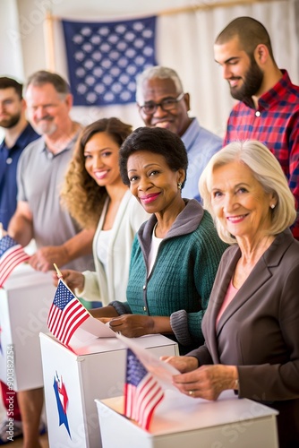 Multicultural American citizens come to voting booth in polling station office. National Election Day in the United States. Political races of presidential candidates. Civic duty, patriotism concept. photo