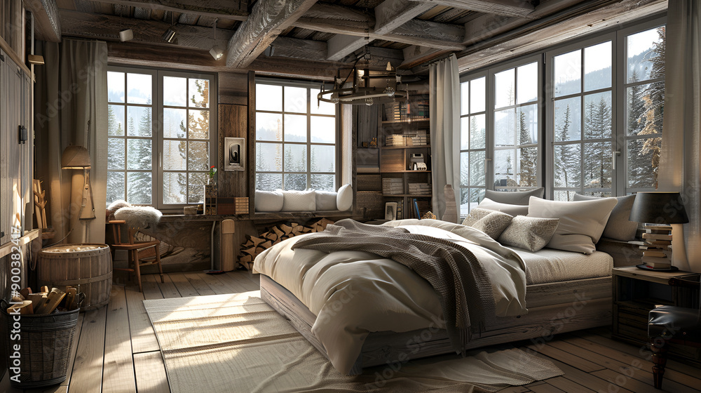 Cozy room in farmhouse style home interior background,fantasy bedroom in wooden home, the interior of the guest room in the grunge style Cozy room in farmhouse style home interior background,fantasy bedroom in wooden home, the interior of the guest room in the grunge style