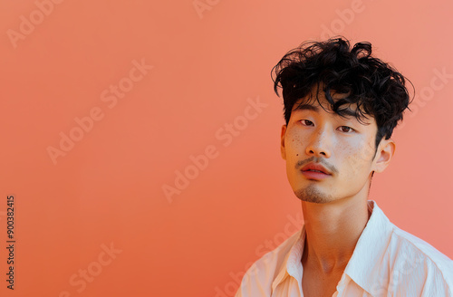 Young Asian man with curly black hair and a light mustache wearing a white shirt against a peach colored background