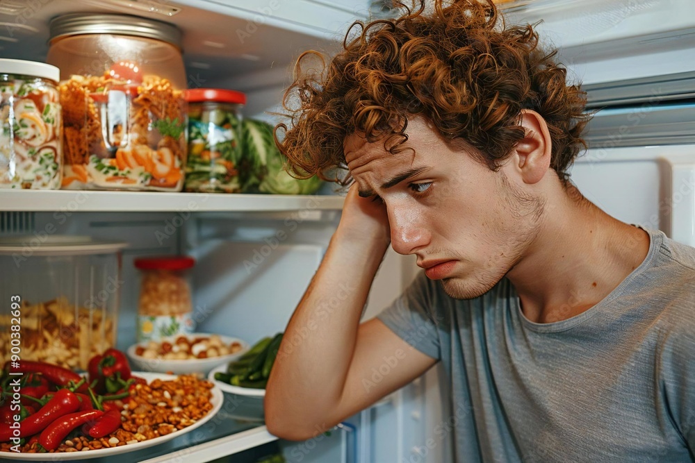 Beautiful young man with a confused expression looking at the food in the open refrigerator. Beautiful young man with a confused expression looking at the food in the open refrigerator.