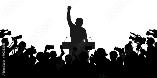 Election. Candidate with election program and reporters, cameramen. Silhouette of people. Vector illustration