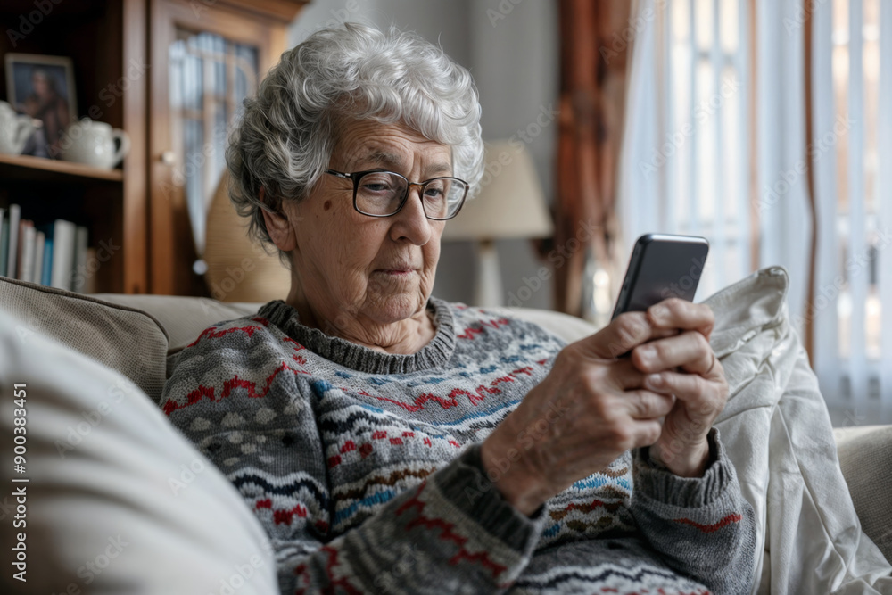 Elderly woman using smartphone while relaxing on couch, wearing patterned sweater in cozy living room with bookshelves, showcasing technology adoption and active aging Elderly woman using smartphone while relaxing on couch, wearing patterned sweater in cozy living room with bookshelves, showcasing technology adoption and active aging