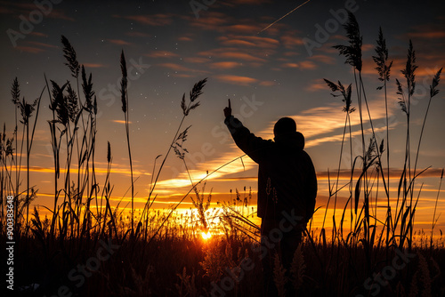 Silhouette of person pointing at bright star in night sky, surrounded by tall grass at sunset, capturing wonder and connection with nature photo