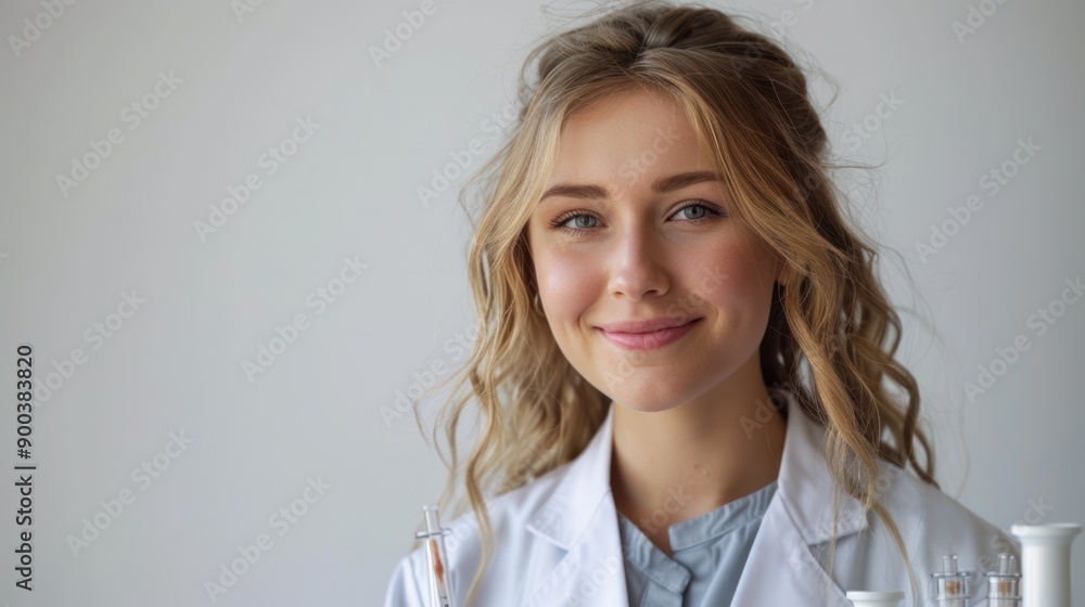 A woman in a lab coat, confidently holding scientific equipment against a white background, representing STEM and innovation A woman in a lab coat, confidently holding scientific equipment against a white background, representing STEM and innovation