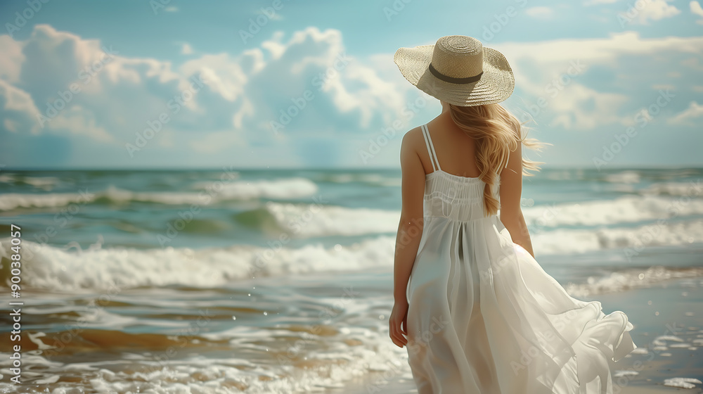 woman in a flowing white dress walking along a beach. she looking out at the horizon, peace, freedom, and the beauty of nature, travel and lifestyle woman in a flowing white dress walking along a beach. she looking out at the horizon, peace, freedom, and the beauty of nature, travel and lifestyle