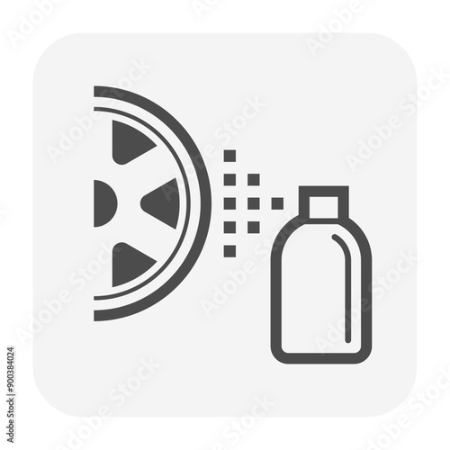 Alloy wheel or rim and aerosol bottle spraying vector icon. To painting color, cleaning or coating waxing for shine protector. Service of car care or repair of auto vehicle, automobile.