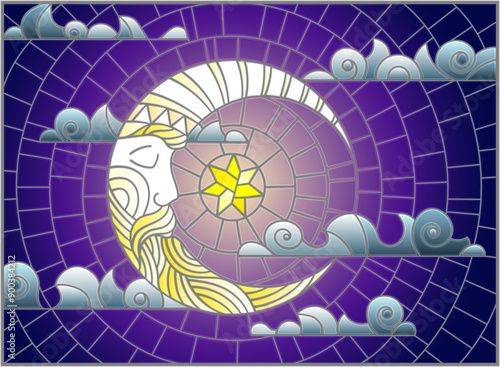 Illustration in stained glass style with moon on cloudy sky background, horizontal orientation