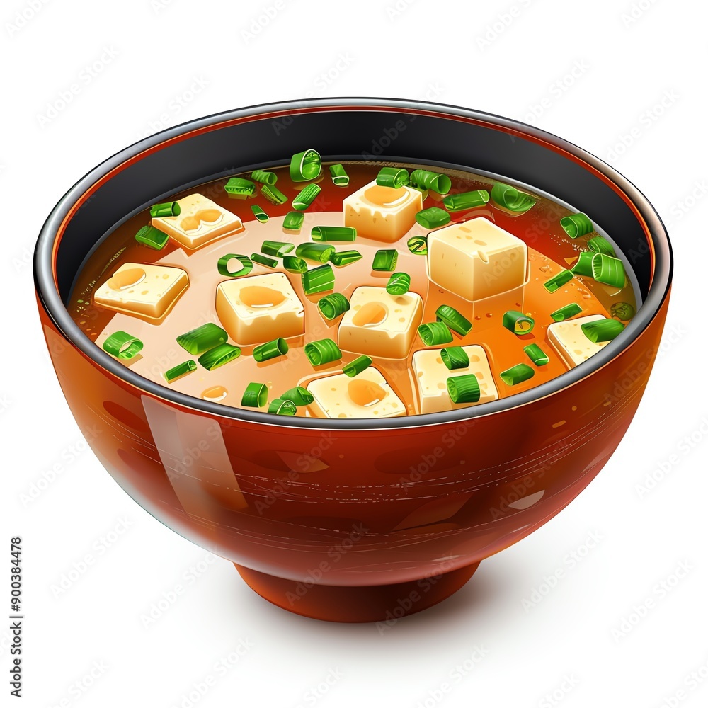Tofu cubes in miso soup clipart, food element, traditional Japanese style, realistic, isolated on white background Tofu cubes in miso soup clipart, food element, traditional Japanese style, realistic, isolated on white background