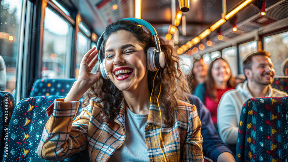 Obraz premium Happy young woman listening to music in the bus. Cheerful girl with headphones sitting in the bus.