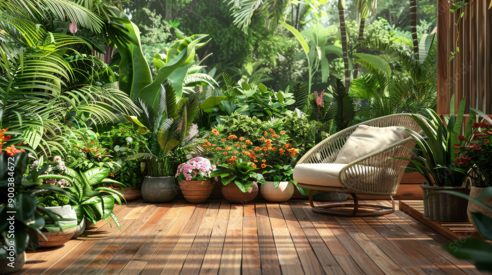 A tropical patio with a wicker chair surrounded by lush greenery and sunlight A tropical patio with a wicker chair surrounded by lush greenery and sunlight