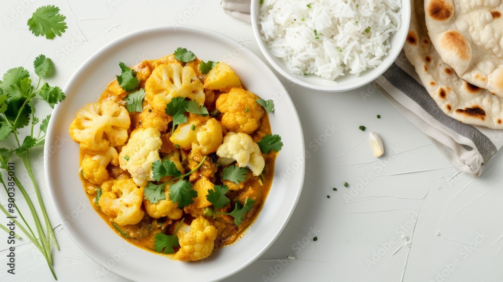 Potato and Cauliflower Curry served on a white plate with a white background. The dish should showcase a vibrant, yellow curry with tender pieces of potato and cauliflower. Garnish with fresh Potato and Cauliflower Curry served on a white plate with a white background. The dish should showcase a vibrant, yellow curry with tender pieces of potato and cauliflower. Garnish with fresh