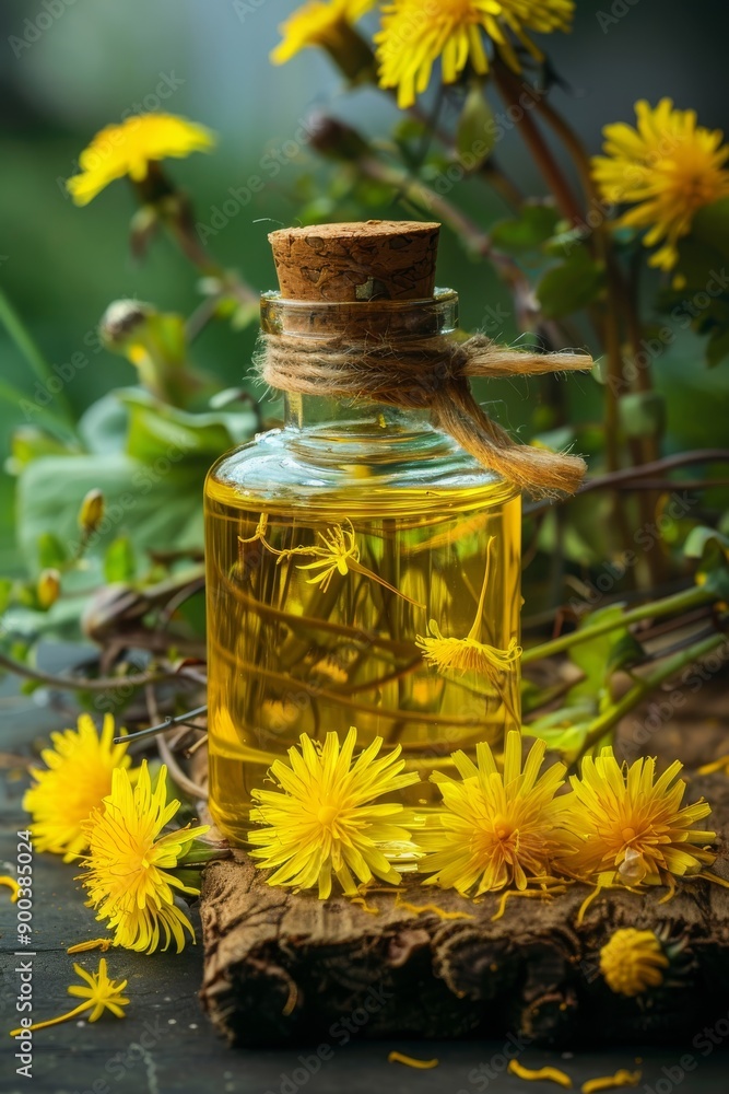 dandelion essential oil in a bottle, Generative AI, dandelion essential oil in a bottle, Generative AI,