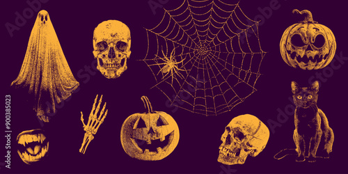 Halloween retro collection of photocopy halftone elements in Y2K aesthetic. Pumpkin, skull, ghost, spider on the web, cat, vampire mouth with grain effect and stippling. Vector dots illustration.