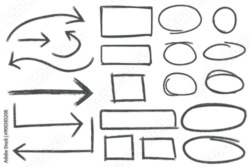 Pencil drawing square rectangle circle and arrows vector illustration, design elements