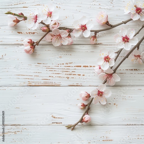 Spring Cherry Blossoms on Rustic Wooden Table photo