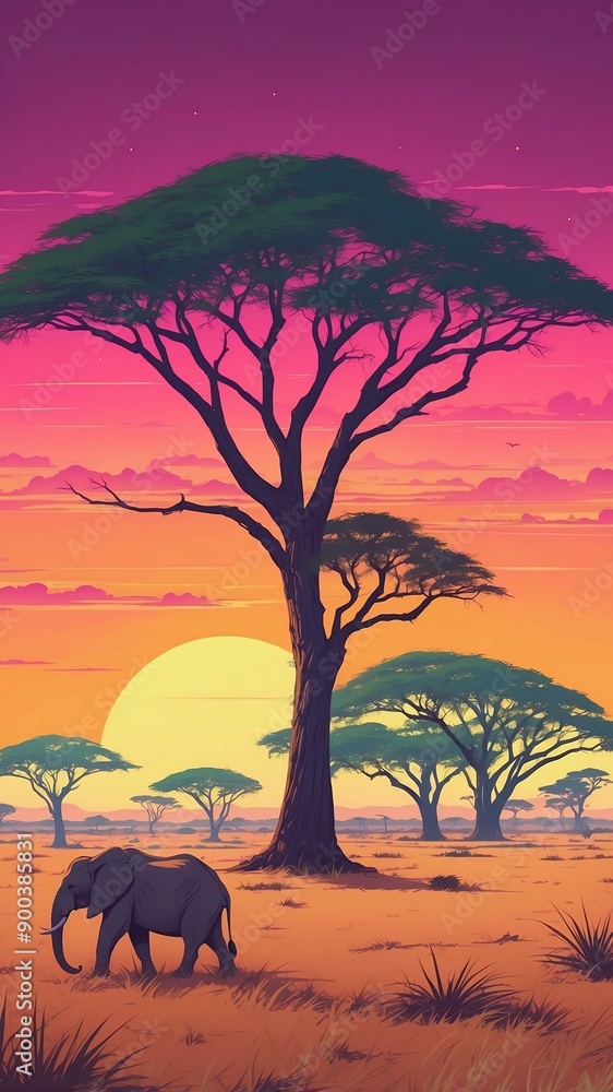 Obraz premium savanna plains with acacia trees retro neon