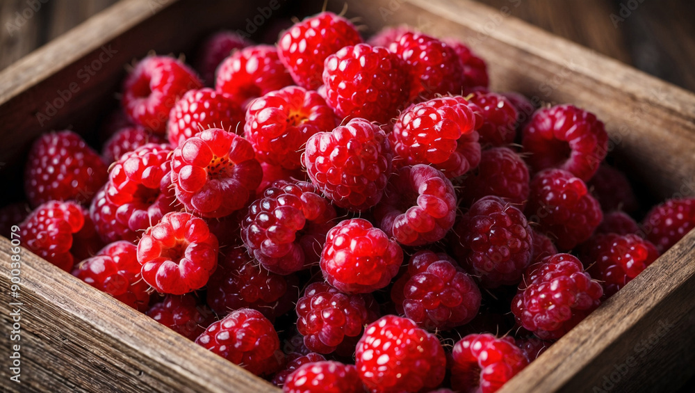 Red raspberries in a wooden box. Red raspberries in a wooden box.