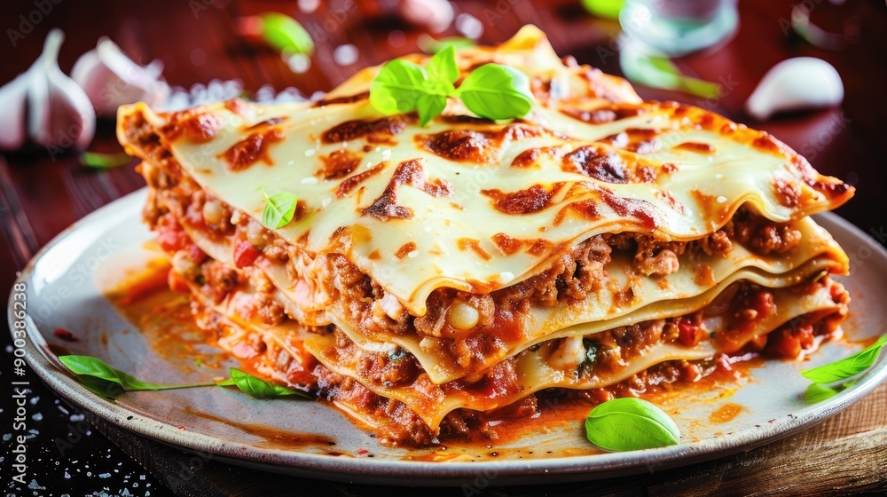 A delicious Italian lasagna with layers of pasta, sauce, and cheese A delicious Italian lasagna with layers of pasta, sauce, and cheese