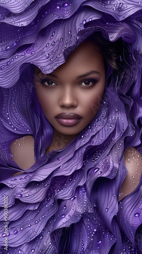 Close-up portrait of a woman with purple fabric art