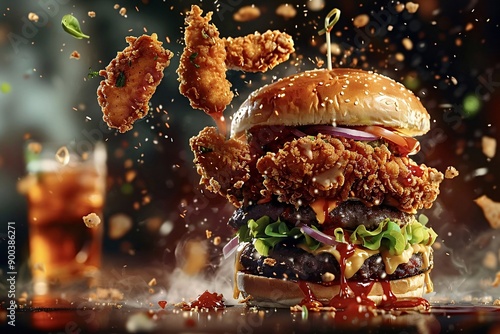 Burger with chicken nuggets, lettuce, tomatoes, onions, sauce and melted cheese falling apart with nuggets and sauce splashing in mid air photo