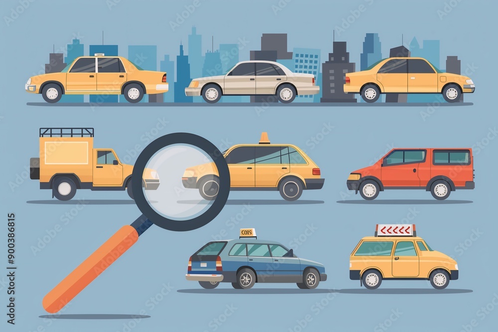 Naklejka premium Various Cars with Magnifying Glass in Urban Illustration