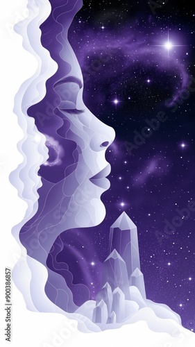 Artistic illustration of a woman's face in a cosmic scene