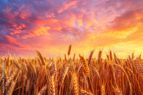 A field of golden wheat illuminated by a vibrant sunset sky