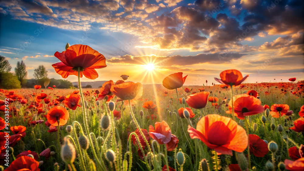 Obraz premium Field of red poppies at sunset