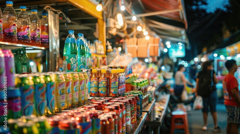 Naklejka premium A night market in Asia, with a focus on stalls selling a variety of canned drinks