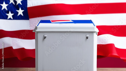 A blue container, a ballot box on the background of the American flag. The flag depicts a blue field with white stars and red and white stripes. The scene involves a political or official event, presi photo