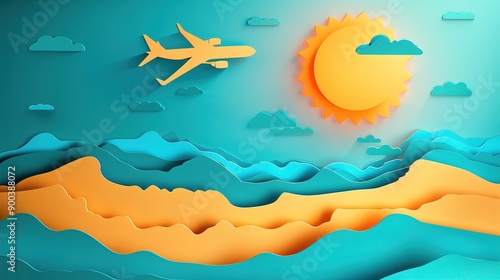 Concept of travel with the plane flew around the world ,Paper cut art style.