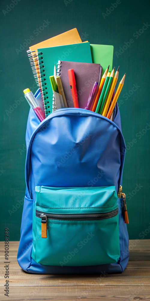 Welcome back to school concept. A new blue school bag with pencils and school tools on isolated green background. Welcome back to school concept. A new blue school bag with pencils and school tools on isolated green background.
