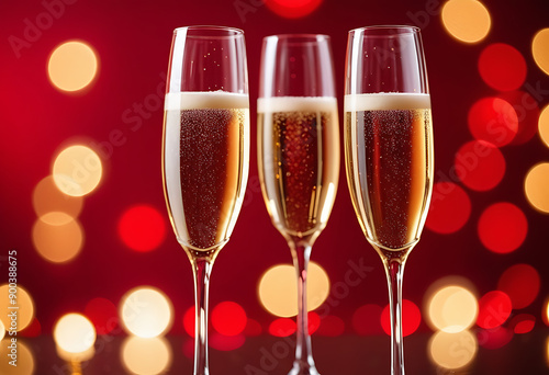 two champagne flutes sparkling wine romantic red bokeh background valentine day concept high resolution high details vibrant photo