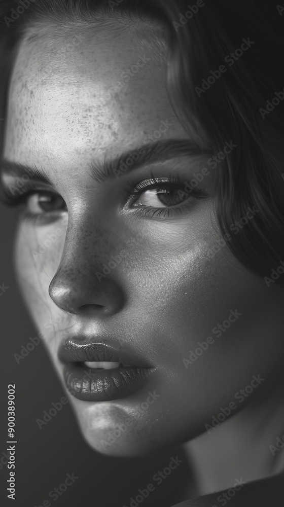 Young woman with freckles and glossy lips in close-up black and white portrait, looking intensely at the camera with a side gaze
Young woman with freckles and glossy lips in close-up black and white portrait, looking intensely at the camera with a side gaze