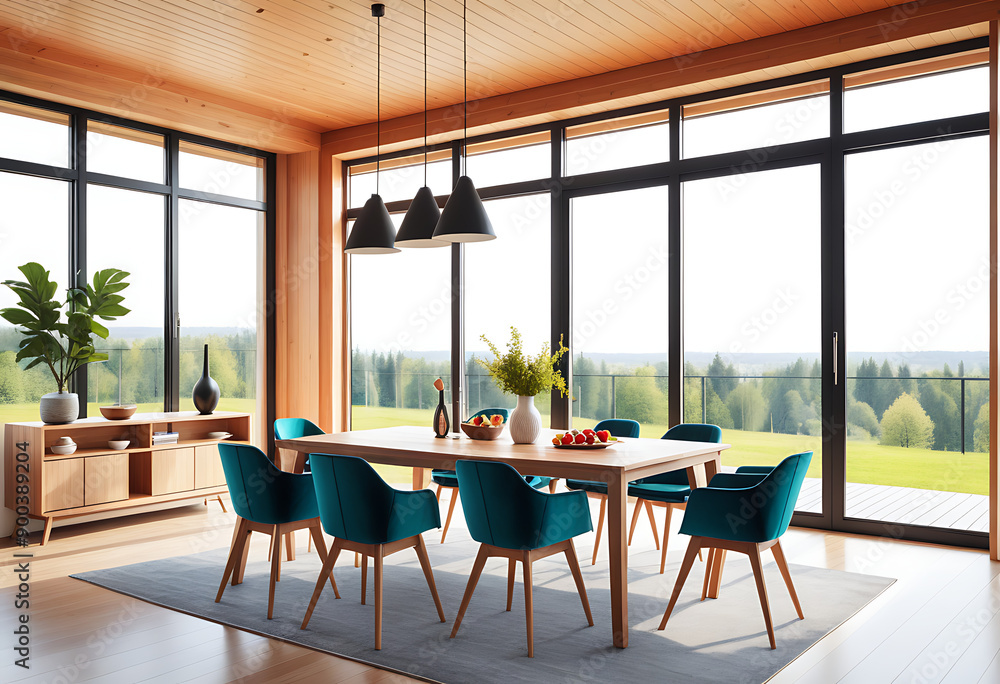 wooden home living room interior eating table chairs panoramic window high resolution high details vibrant wooden home living room interior eating table chairs panoramic window high resolution high details vibrant