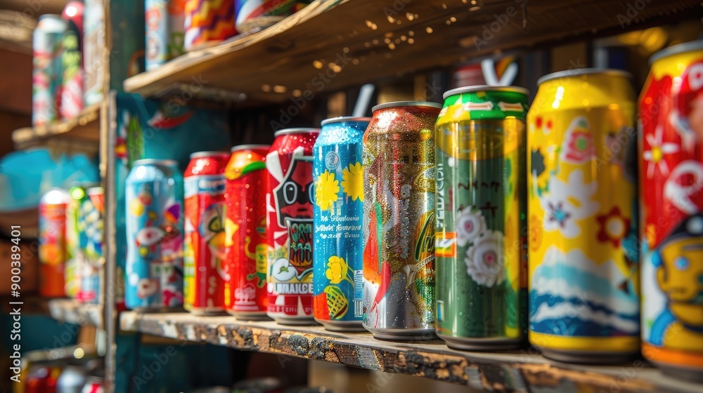 A variety of colorful canned drinks from different countries displayed on a wooden table with cultural elements in the background A variety of colorful canned drinks from different countries displayed on a wooden table with cultural elements in the background