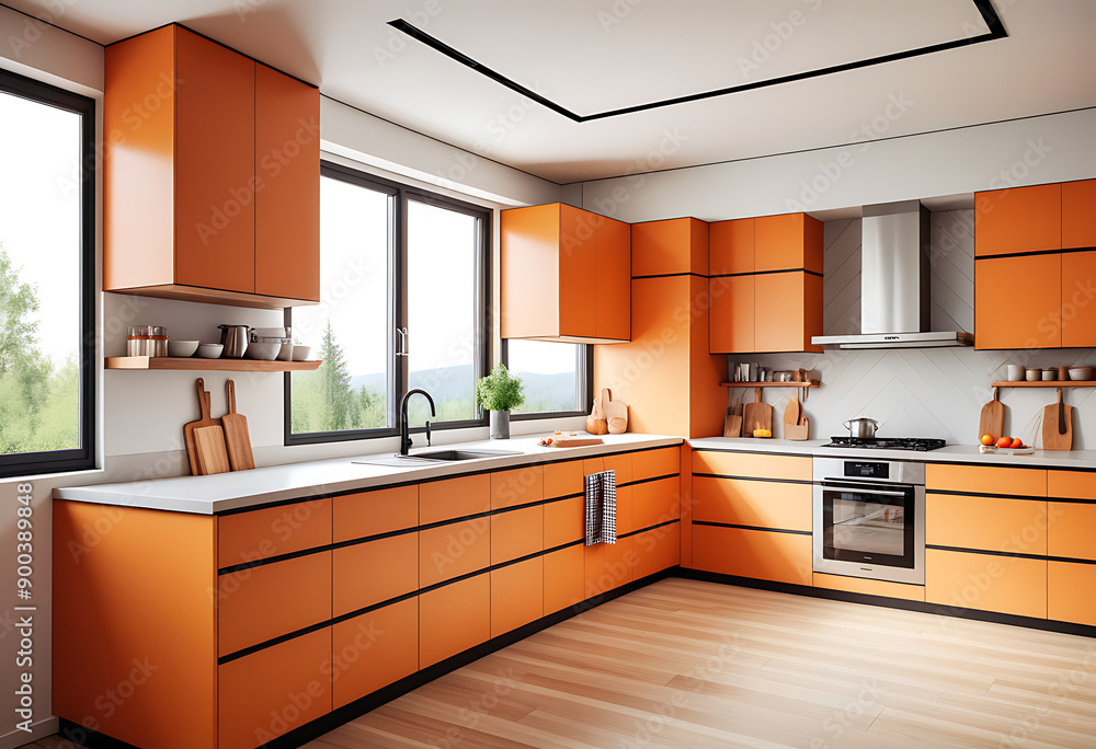 Fototapeta premium stylish home kitchen interior wooden cooking cabinet panoramic window high resolution high details vibrant