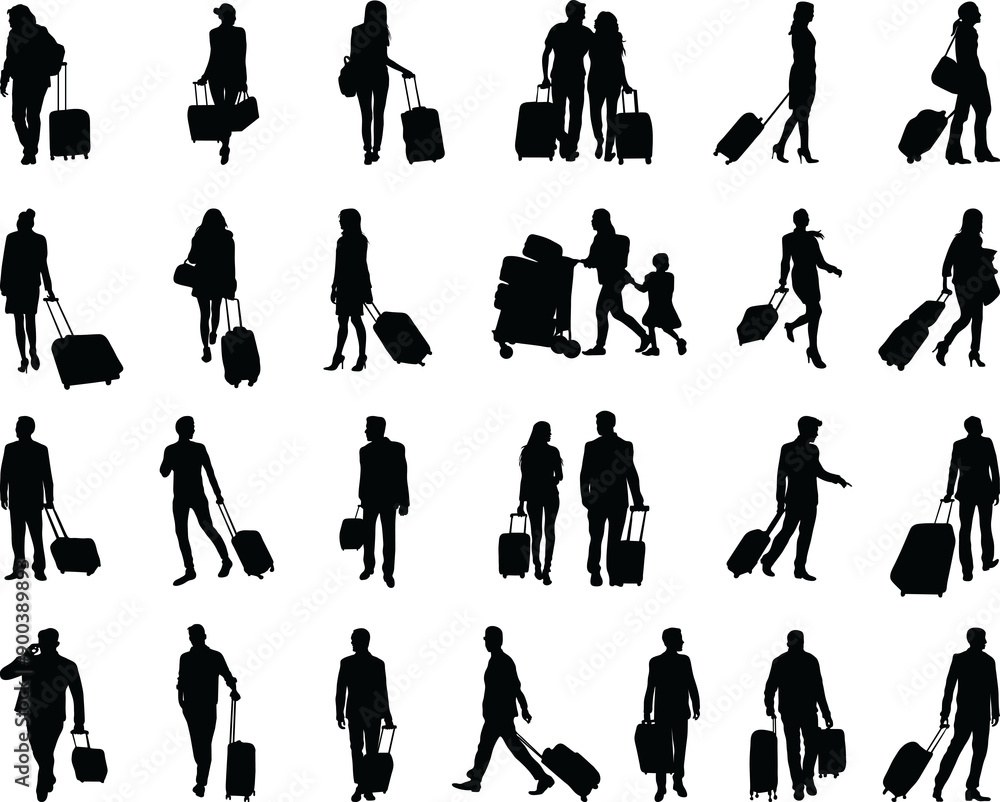 Fototapeta premium Black silhouettes of travelers with suitcases